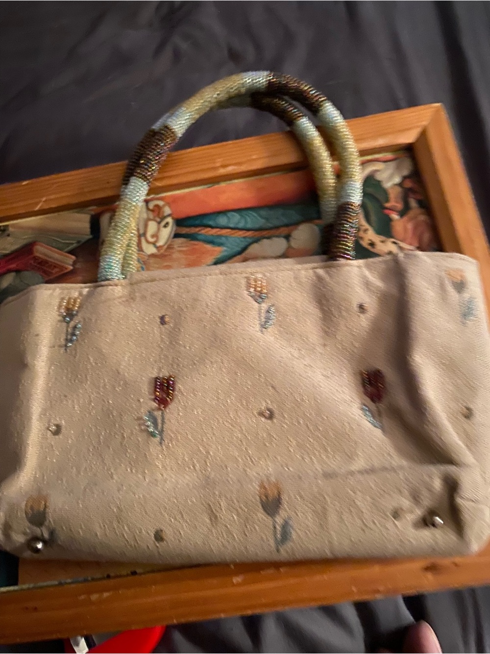 Vanessa VTG Embroidered Beige Shoulder Bag with Beaded Handles